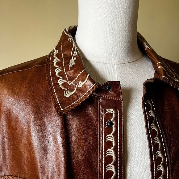 Vintage Ira Hoss Western Leather Jacket XXL Brown Tooled Embroidered Shacket - Picture 5 of 16